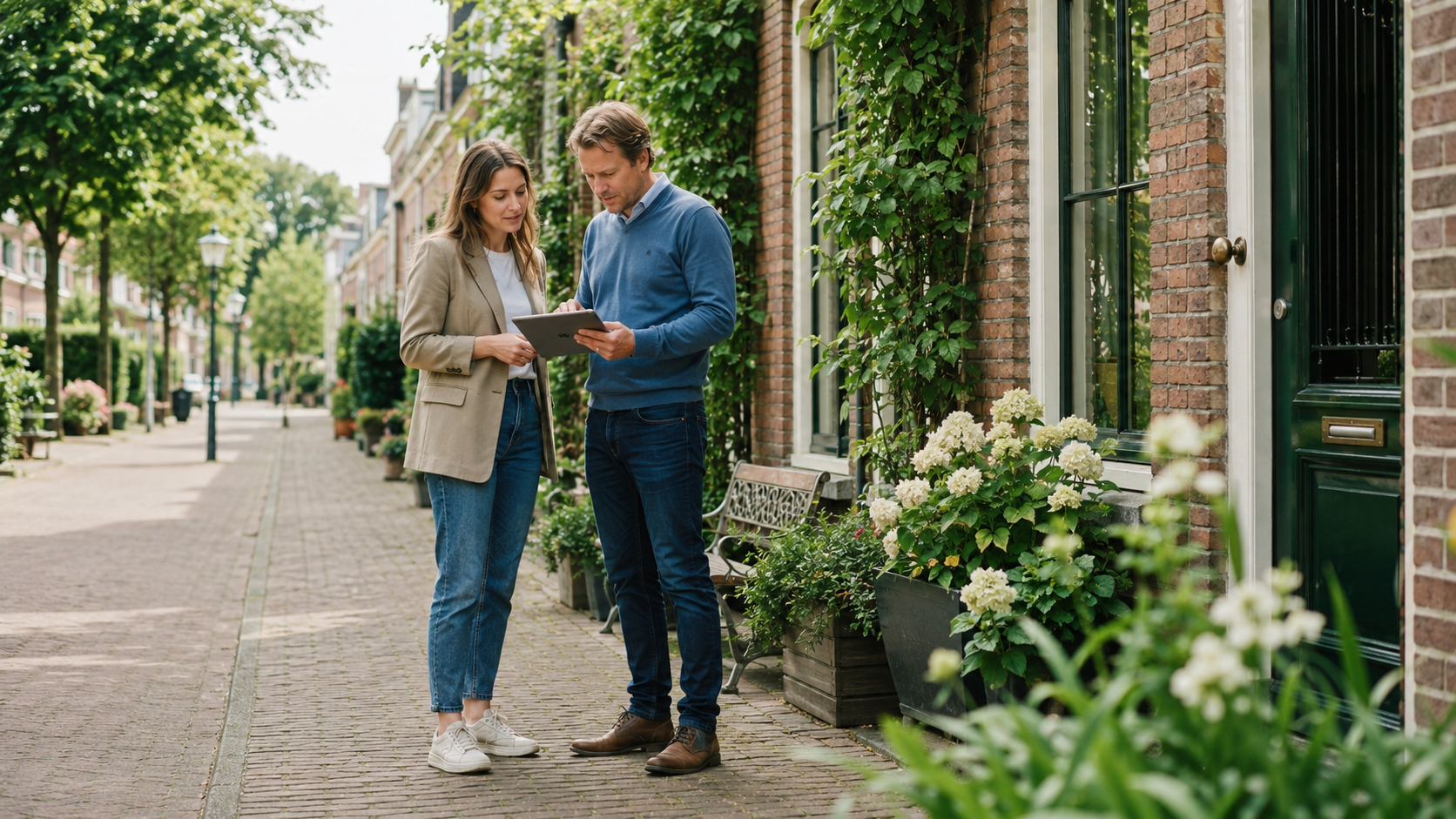 Twee professionals bespreken een locatie in een Nederlandse straat